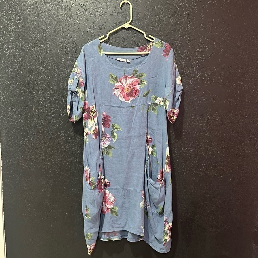 Blue Floral Short-Sleeve Women's Dress